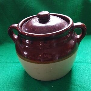Brown and Cream Pottery Bean Pot with Lid Large